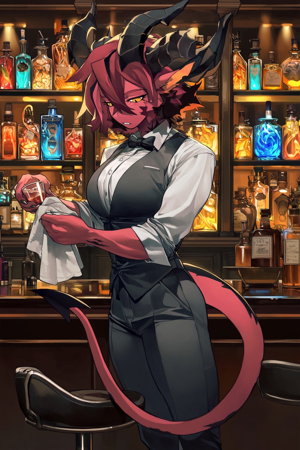highres,  absurdres,  @knifedragon This detailed anime-style digital artwork depicts a female demonic bartender cleaning a...