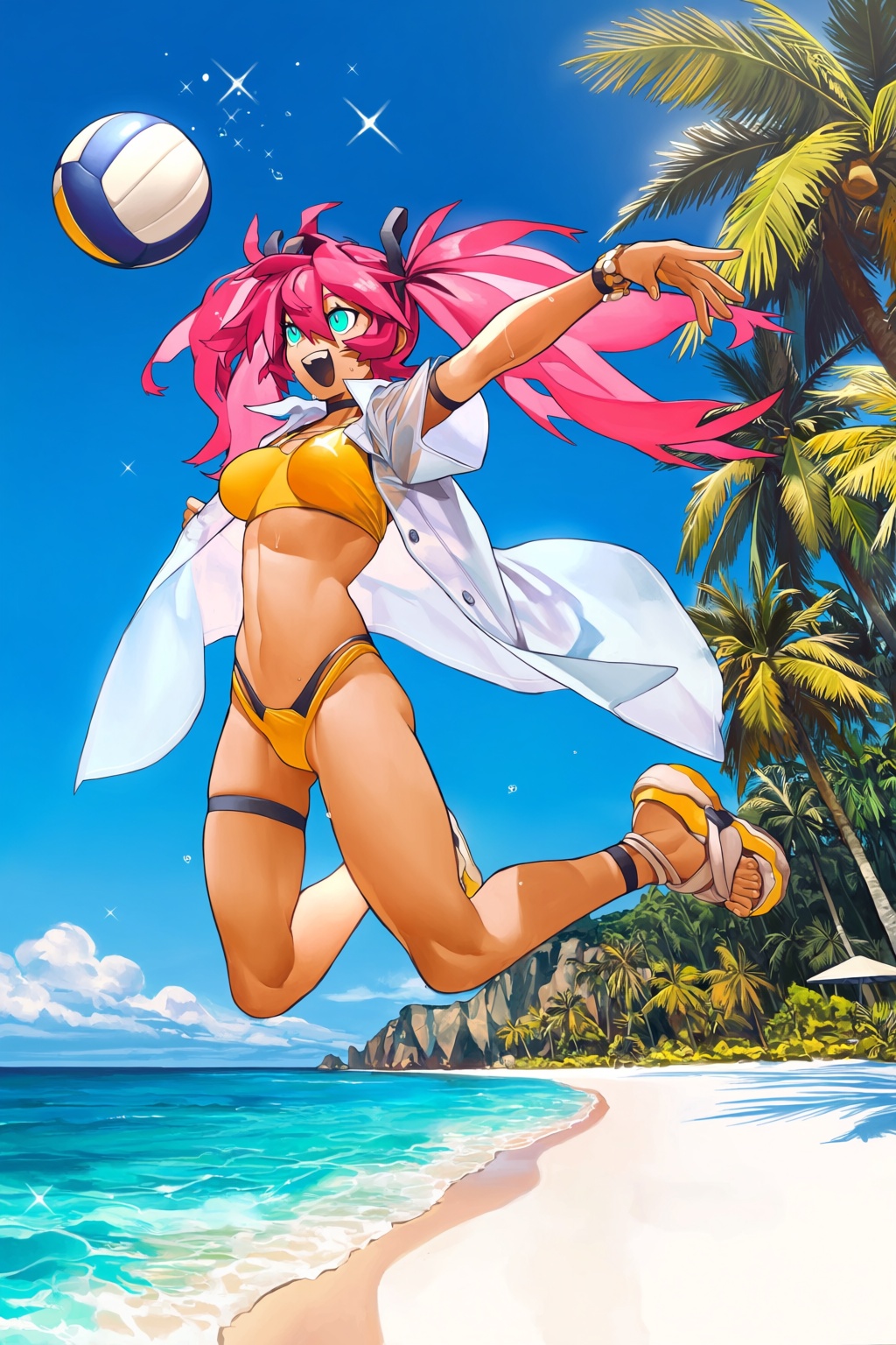highres,  absurdres,  @knifedragon A high-quality digital illustration showcases an energetic anime girl leaping mid-air o...