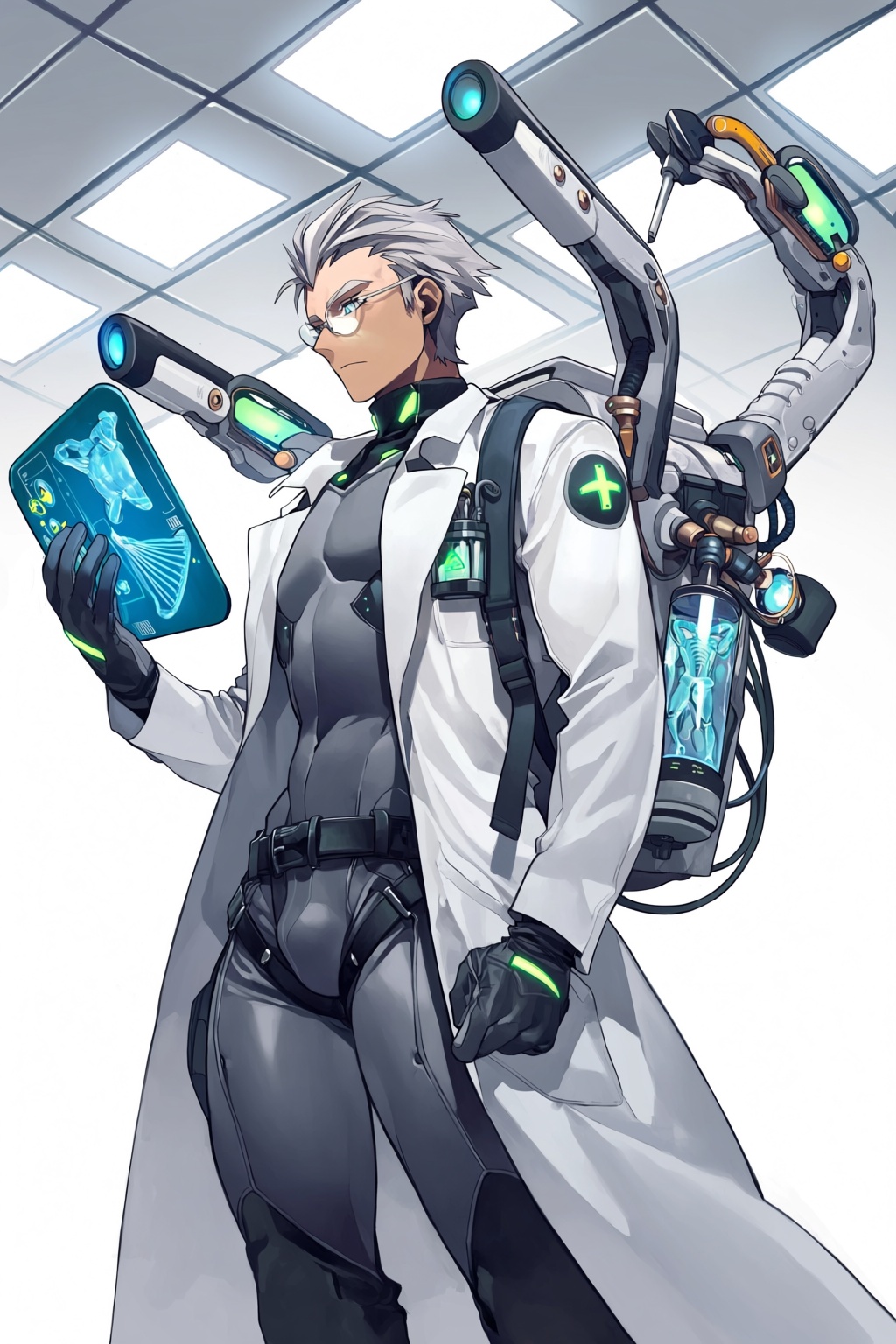 highres,  absurdres,  @knifedragon A highly polished anime-style digital illustration features a futuristic cyber-medic in...