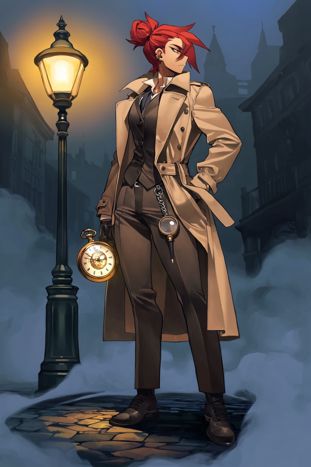 highres,  absurdres,  @knifedragon A stylized illustration depicts a sharp-featured female detective standing under a vint...