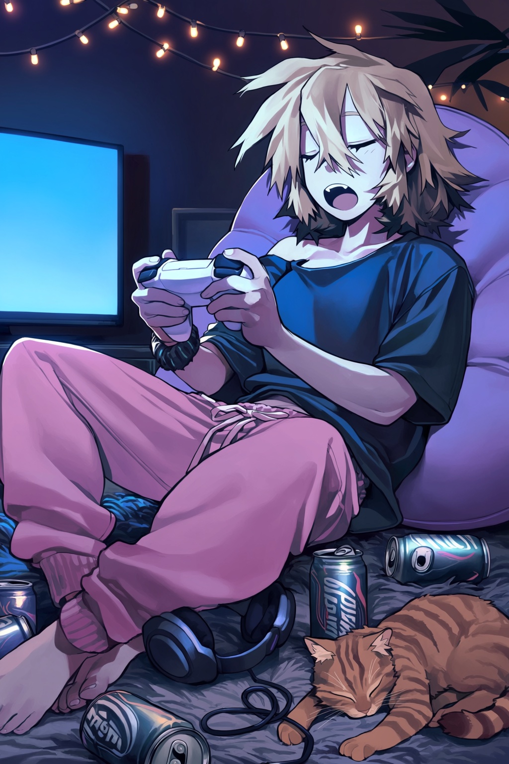 highres,  absurdres,  @knifedragon An anime-style digital illustration depicts a casually dressed gamer girl lounging on a...