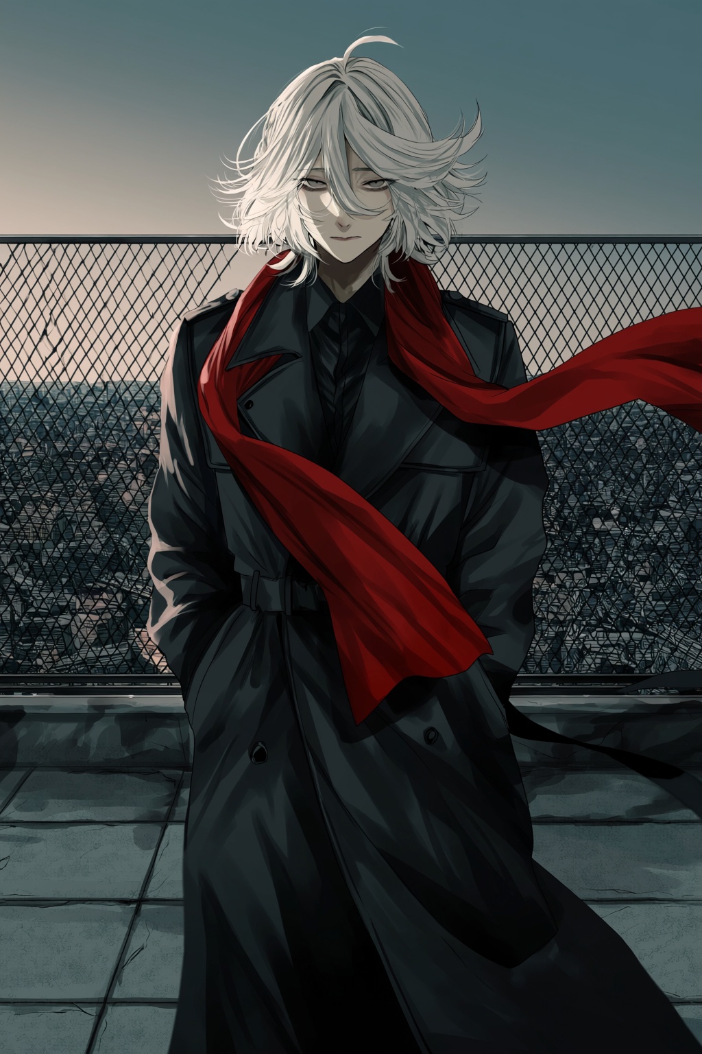 highres,  absurdres,  @gunjyou_(gunjyou_00) A digital anime-style illustration captures a solitary figure with layered on...