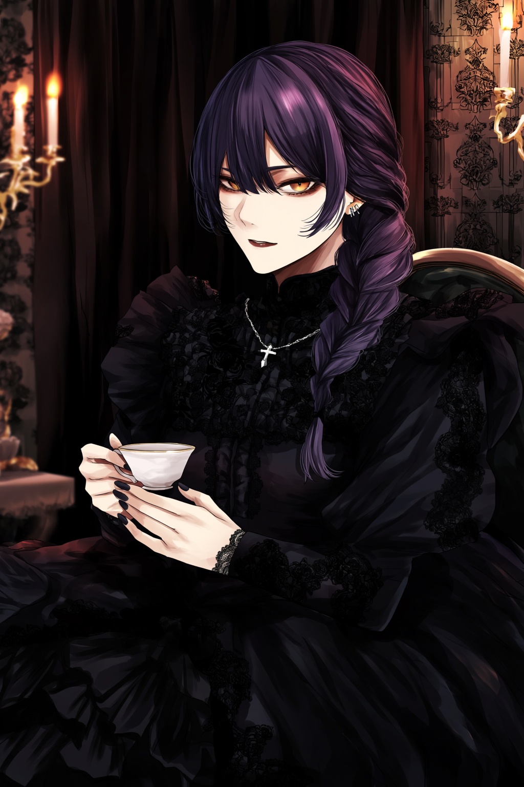 highres,  absurdres,  @gunjyou_(gunjyou_00) A highly detailed digital illustration features a young woman with dark violet...