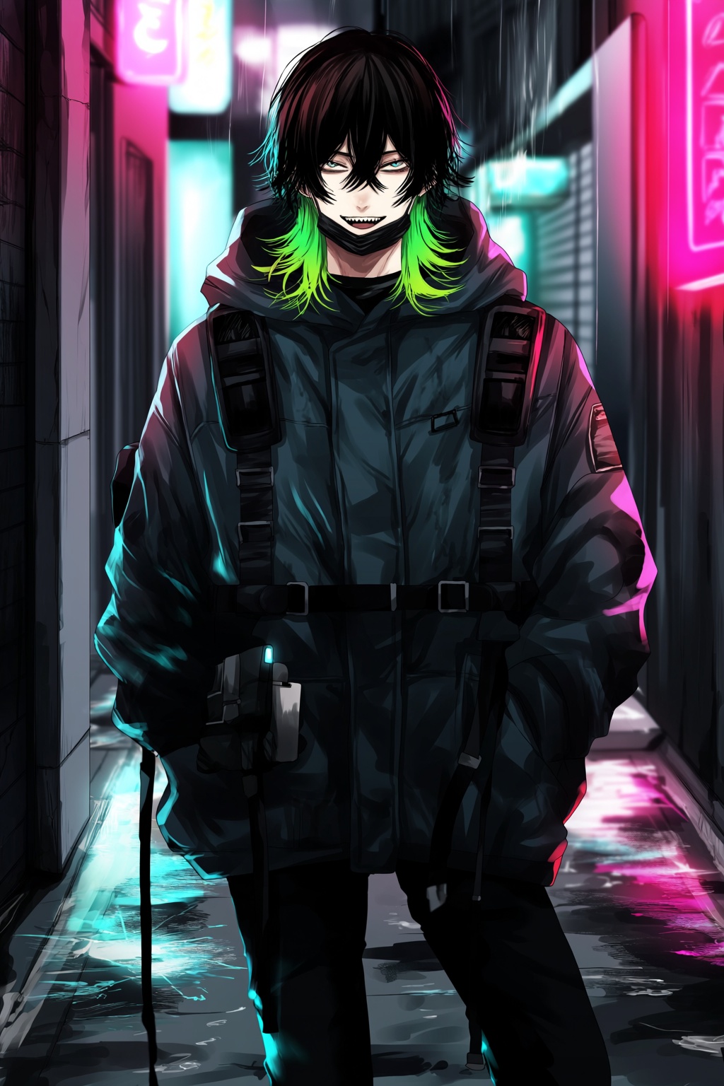 highres,  absurdres,  @gunjyou_(gunjyou_00) A digital anime-style illustration portrays a young man with messy black hair...