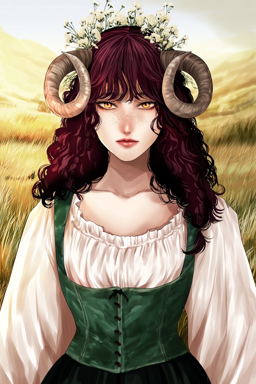 highres,  absurdres,  @gunjyou_(gunjyou_00) a stylized fantasy illustration of a female figure. the character has curly ma...