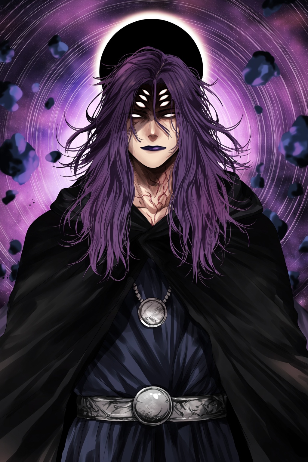 highres,  absurdres,  @gunjyou_(gunjyou_00) a stylized fantasy illustration of a male figure. the character has long messy...