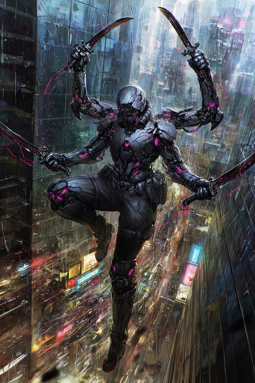 highres,  absurdres,  @dannoura_yuuki A heavily augmented cyborg assassin with four metallic arms clings to the sheer on T...