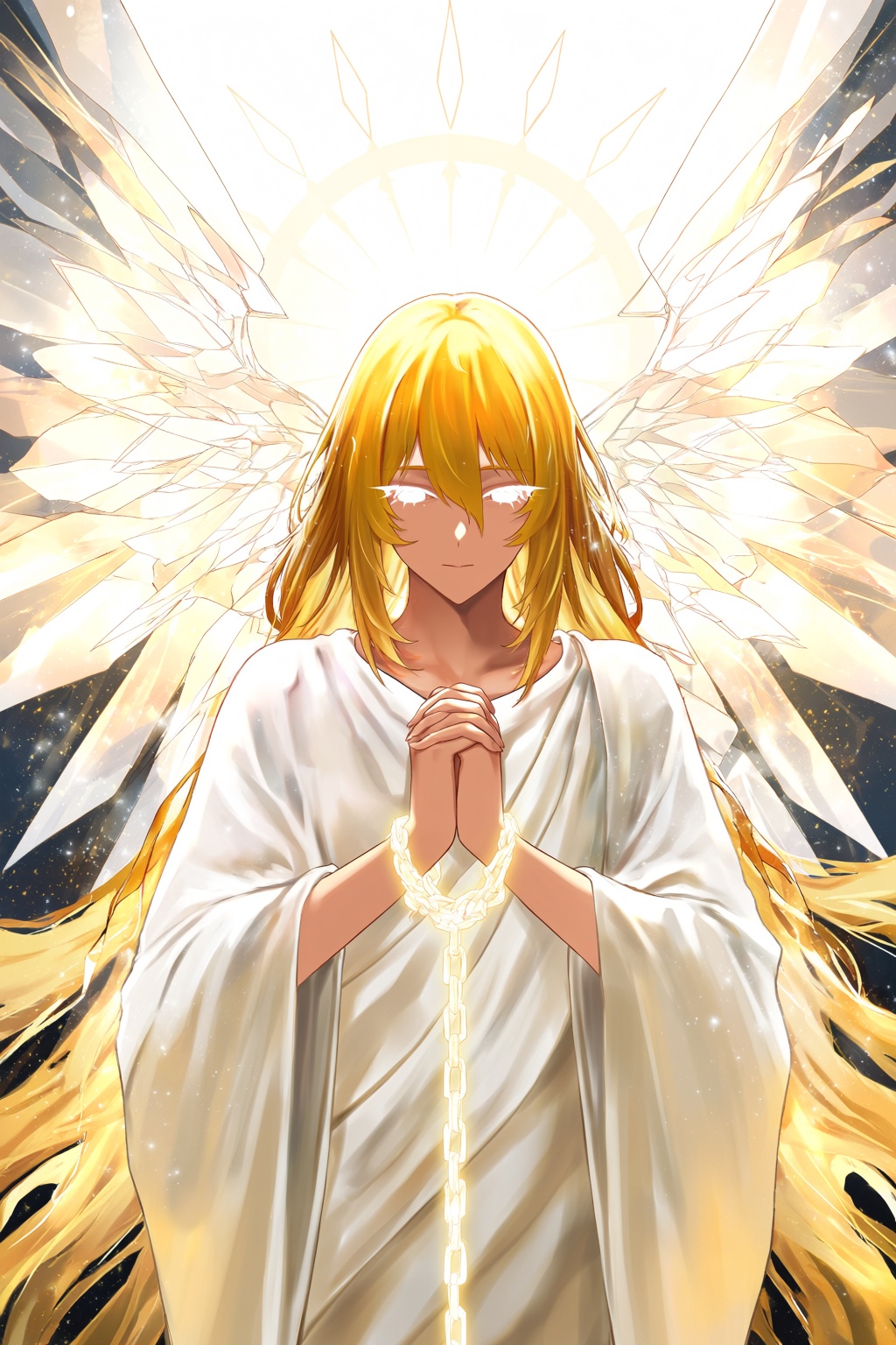 highres,  absurdres,  @m_(1n910) A stylized digital portrait features a central character with radiant golden hair and lum...