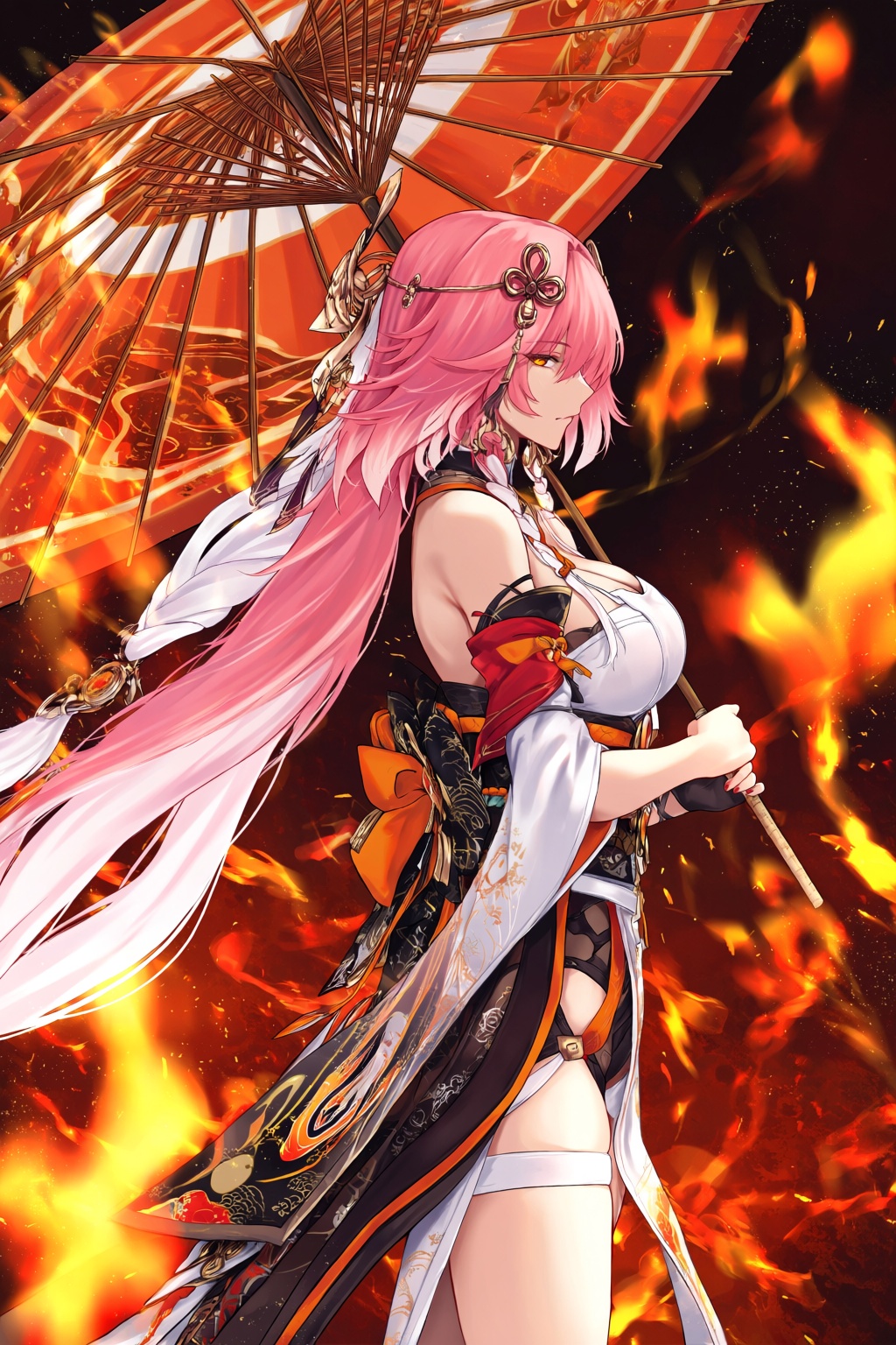 highres,  absurdres,  @m_(1n910) The image depicts a vibrant and dynamic scene with a central figure holding a traditional...