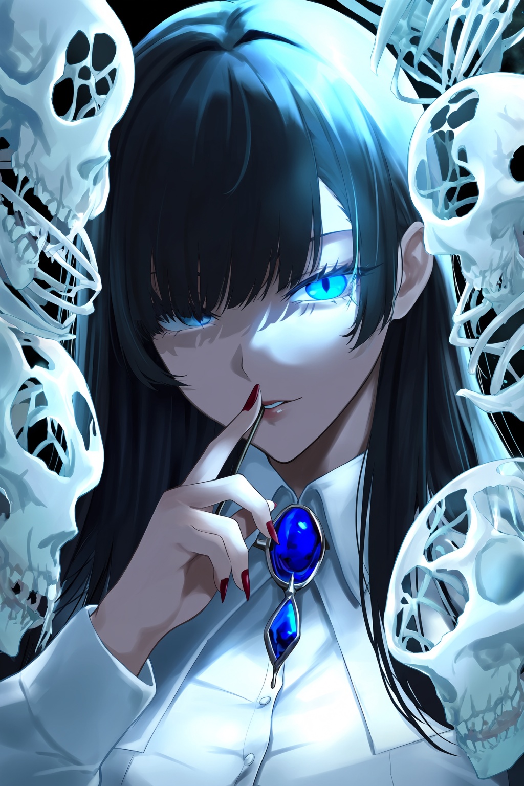 highres,  absurdres,  @m_(1n910) A stylized digital illustration features a central character with pale skin and dark on T...
