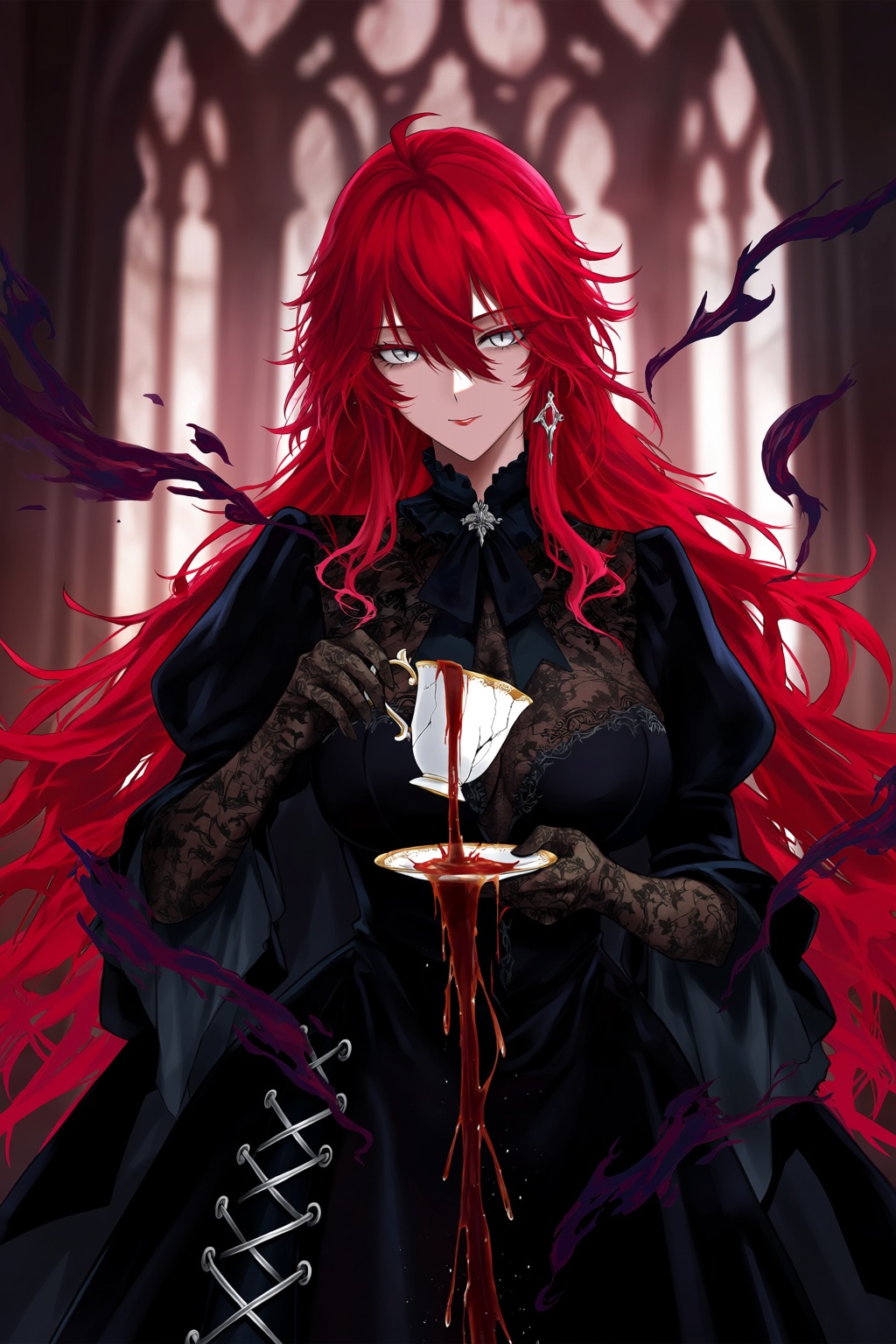 highres,  absurdres,  @m_(1n910) The image depicts a pale-skinned character with cascading crimson-red hair and piercing s...