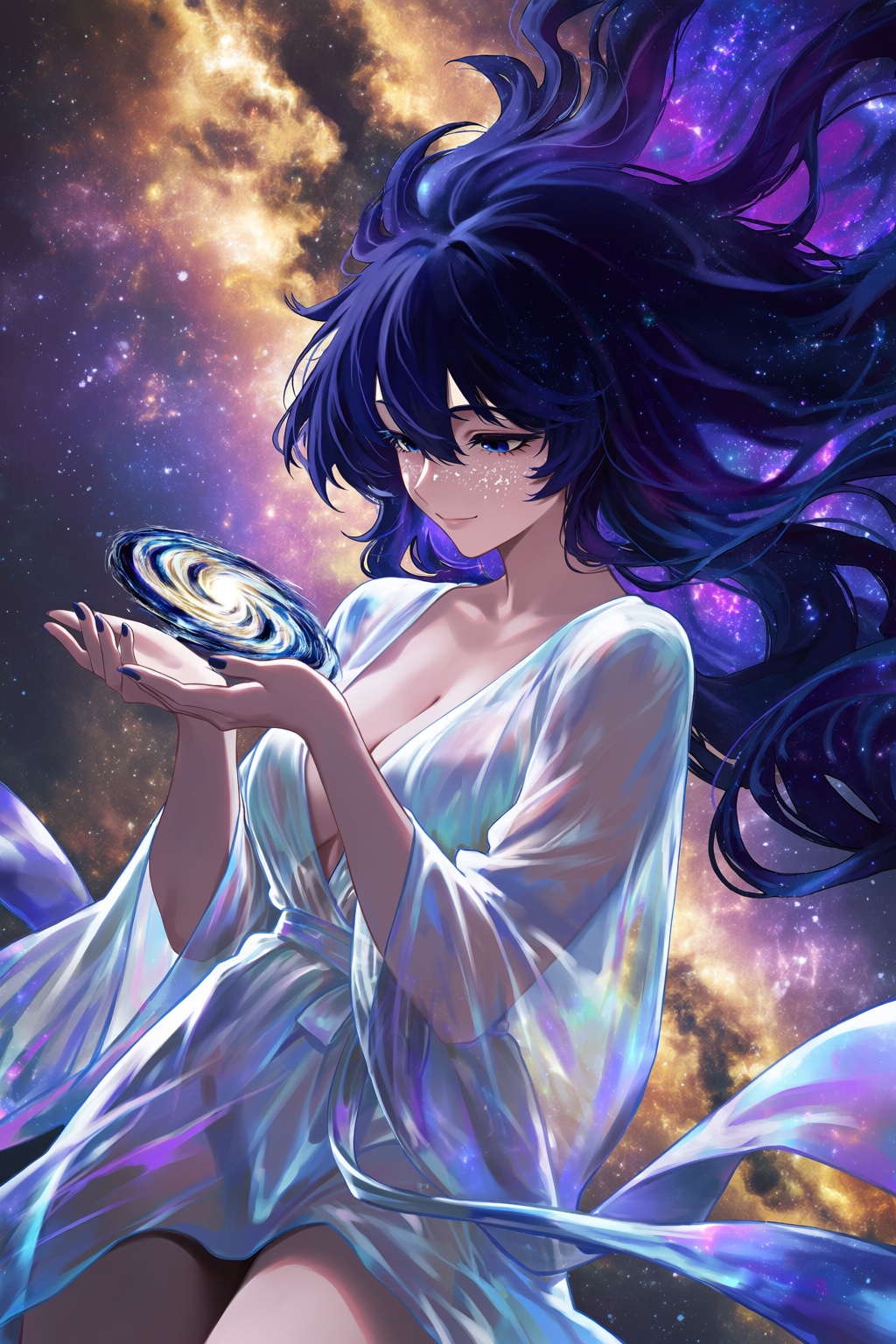 highres,  absurdres,  @m_(1n910) A stylized digital illustration showcases a character with skin that resembles the night...