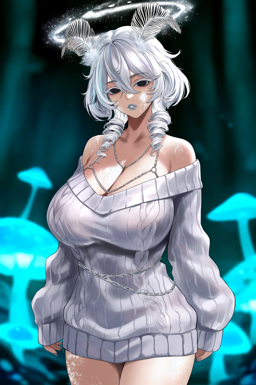 highres,  absurdres,  @m_(1n910) a stylized fantasy illustration of a female figure. the character has short silver curls...