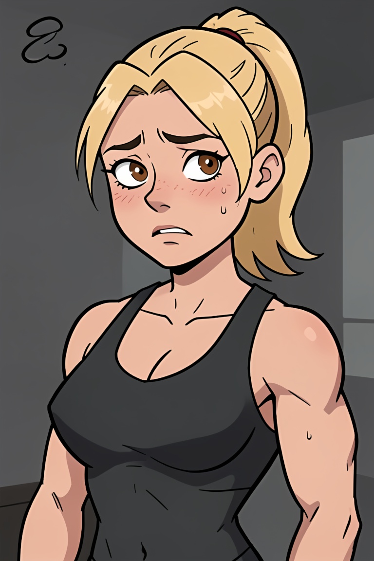 Rtoon,  photo of a 20 years old girl with brown shiny eyes,  blonde hair in a ponytail on Tensor.Art