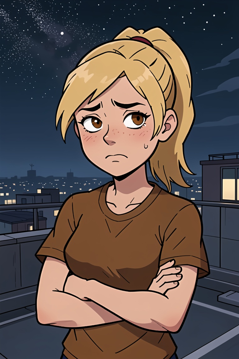 a 20 years old girl with brown shiny eyes,  blonde hair in a ponytail,  deeply sad expression on Tensor.Art