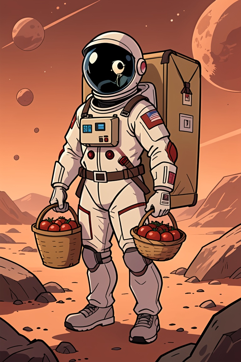 Rtoon,  astronaut with a delivery man's bag on his back and a basket of tomatoes in his hand,  mars background on Tensor.Art