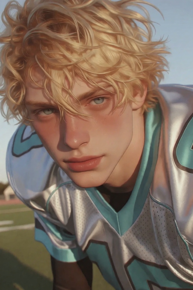 JL8STYP3,  A young man with tousled,  sun-bleached blond hair leans forward in a tight close-up on Tensor.Art