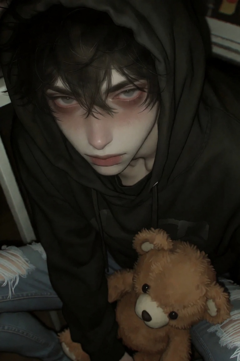JL8STYP3,  A young man with tousled dark hair and weary,  shadowed eyes peers downward from beneath a deep black hood on T...