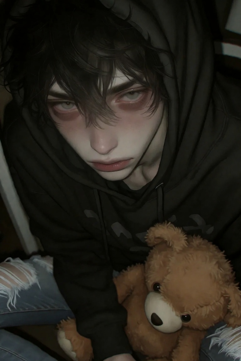 JL8STYP3,  A young man with tousled dark hair and weary,  shadowed eyes peers downward from beneath a deep black hood on T...