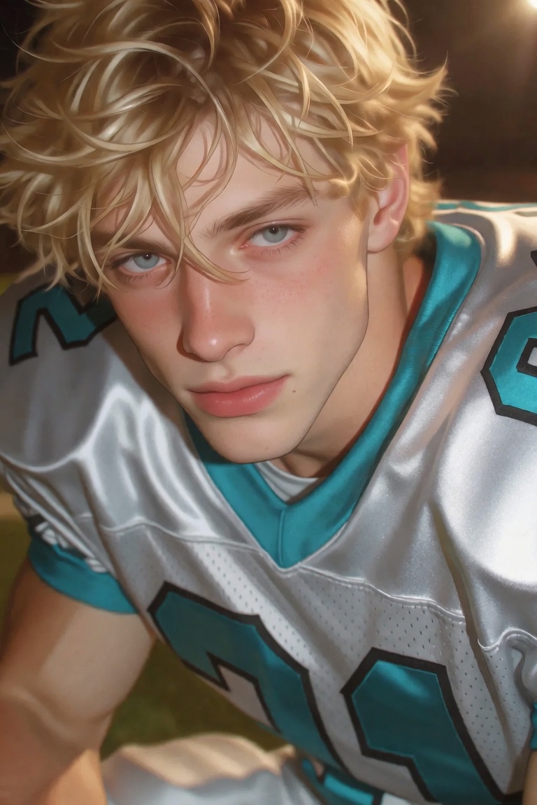 JL8STYP3,  A young man with tousled,  sun-bleached blond hair leans forward in a tight close-up on Tensor.Art