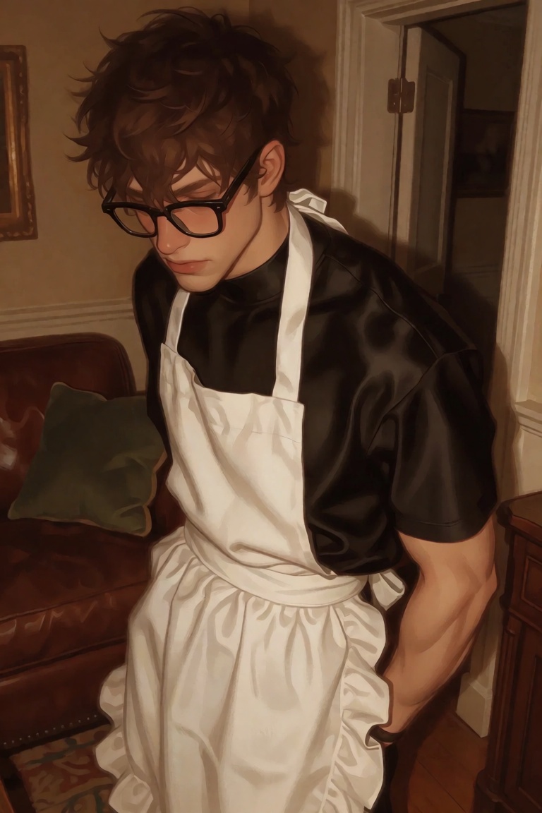 JL8STYP3,  A young man with tousled brown hair and black-rimmed glasses stands in a warmly lit interior,  head bowed and g...