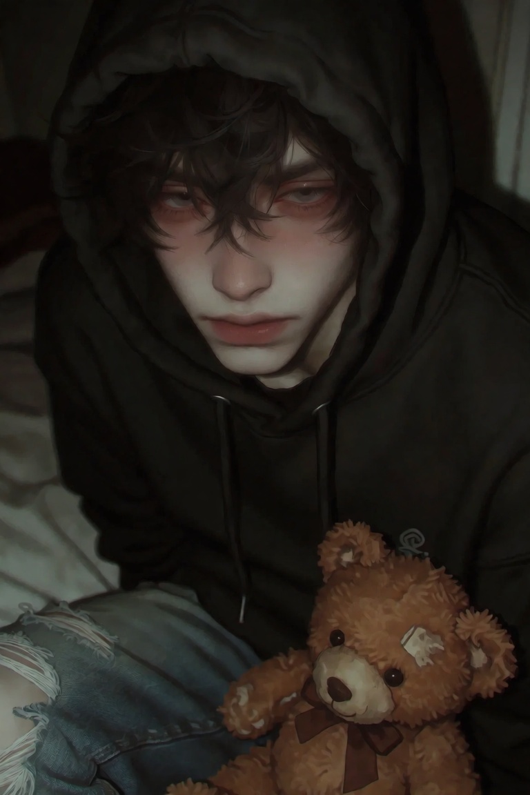 JL8STYP3,  A young man with tousled dark hair and weary,  shadowed eyes peers downward from beneath a deep black hood on T...