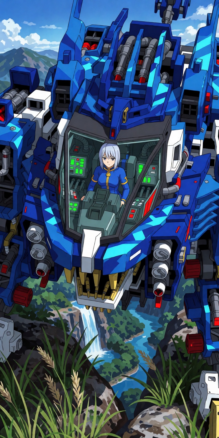 Japanese female figure in blue costume,  silver hair,  sitting in the cockpit on the forehead of a large and complex luxur...