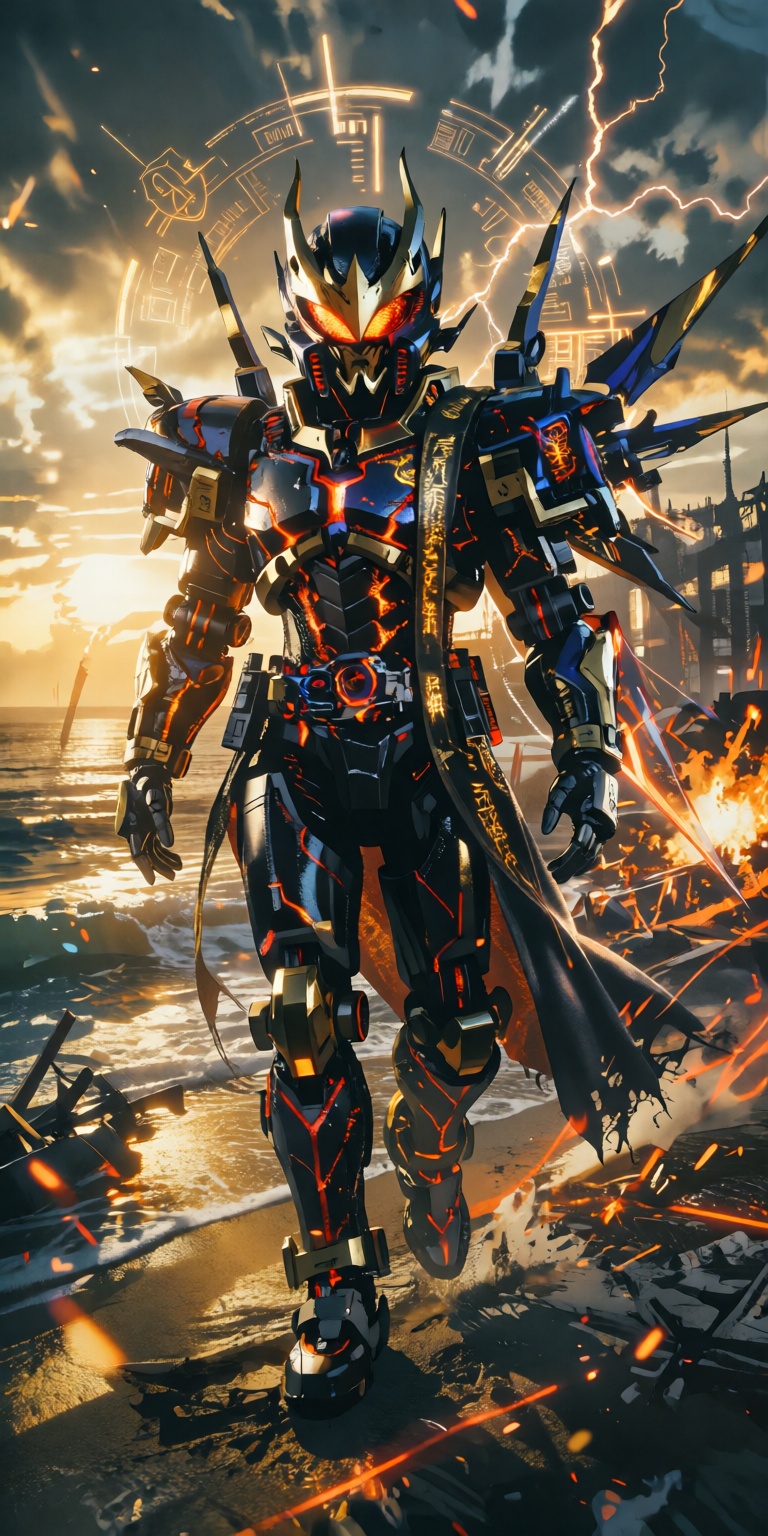A cinematic front-facing shot,  angled slightly from the side,  capturing a lone tokusatsu hero inspired by Kamen Rider Ku...