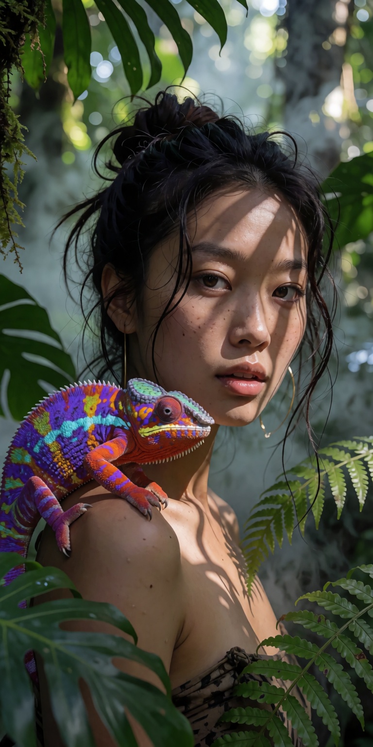 A stunning cinematic close-up portrait of a beautiful Asian woman standing in a lush tropical rainforest. **The Subject:**...
