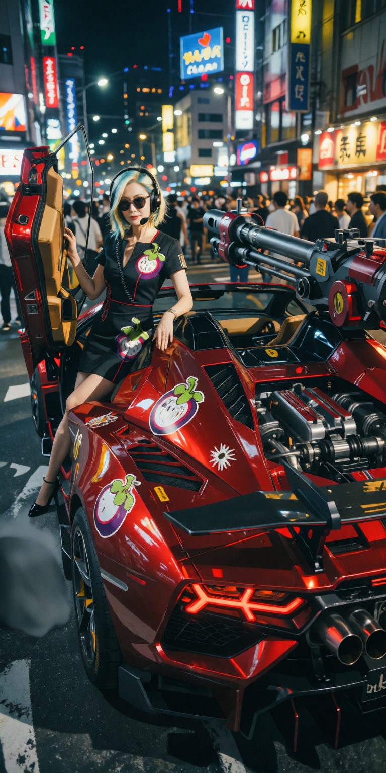 A striking red supercar wheeled combat vehicle of the future with super sophisticated technology using the mangosteen them...