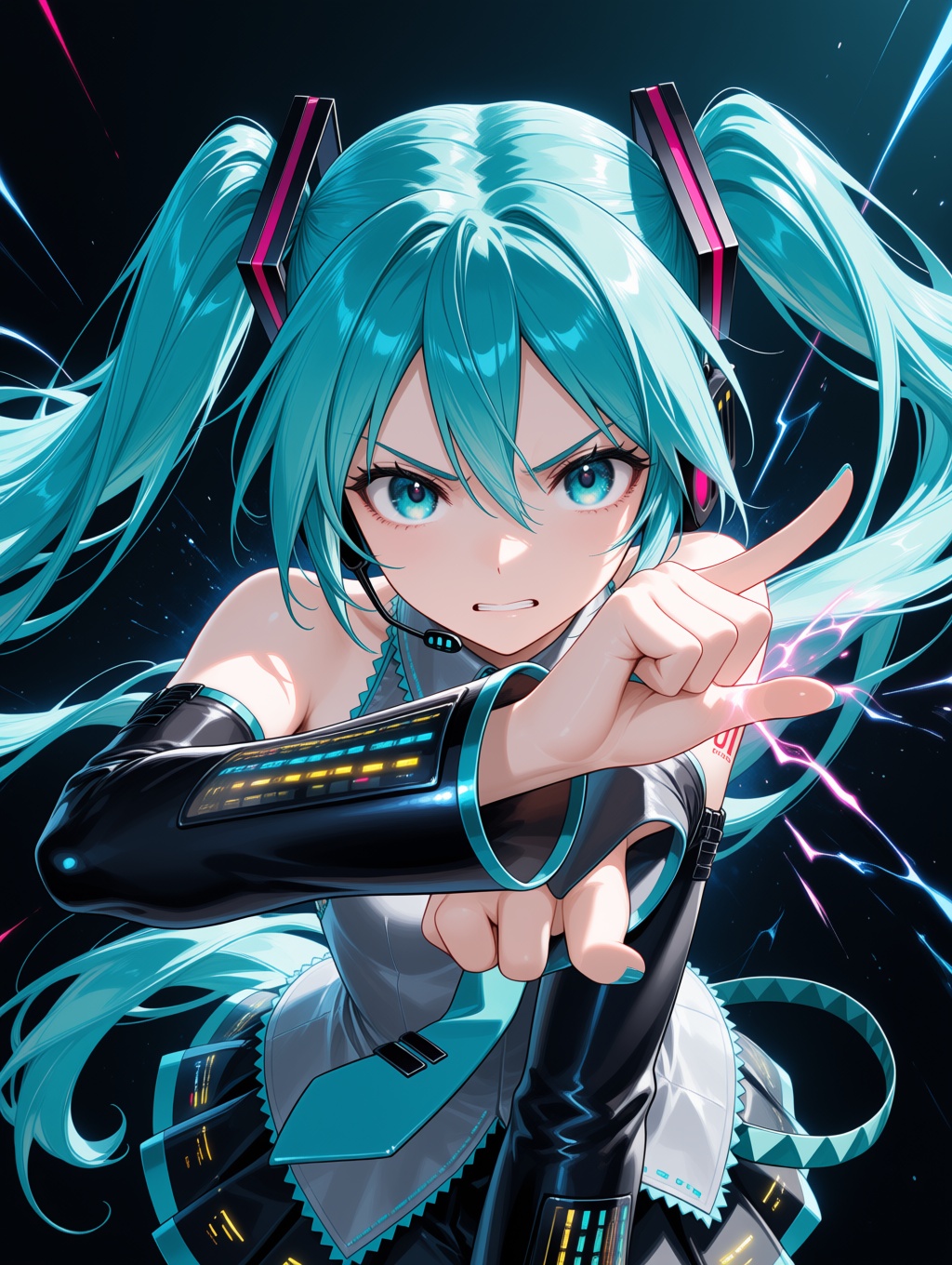 Hatsune Miku is becoming a hero and fighting against bad guys、Color scheme like American comics、are cool、Serious Expressio...