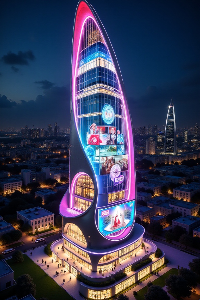 A futuristic nighttime skyline featuring a near-kilometer-tall skyscraper rising like a sacred urban monument. The tower’s...
