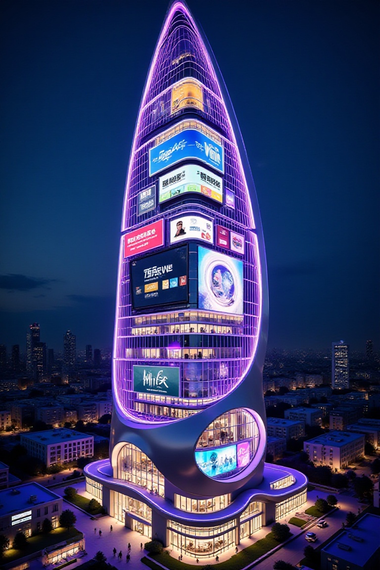 This architectural concept showcases a futuristic,  high-rise skyscraper with a distinctive,  organic teardrop silhouette...