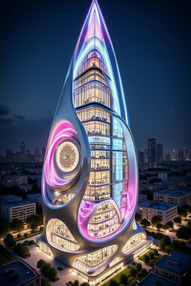 This architectural concept showcases a futuristic,  biomimetic skyscraper characterized by a fluid,  spiraling silhouette...