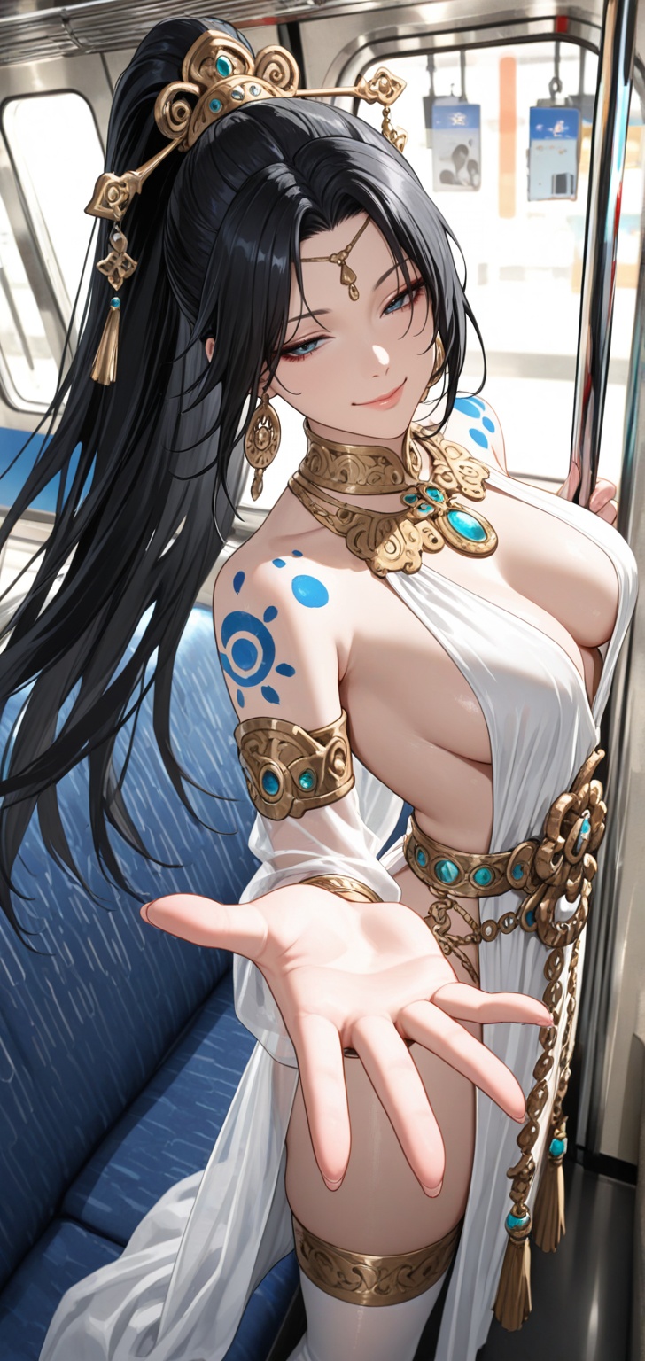 Two ***** Asian women stand in a modern subway car,  wearing gorgeous and exquisite gold and white oriental fantasy-style...