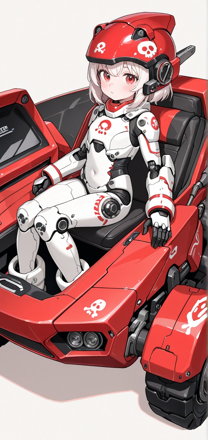A cute little girl is sitting in the driver's seat of a red and white crab-shaped mechanical vehicle,  wearing a white mec...
