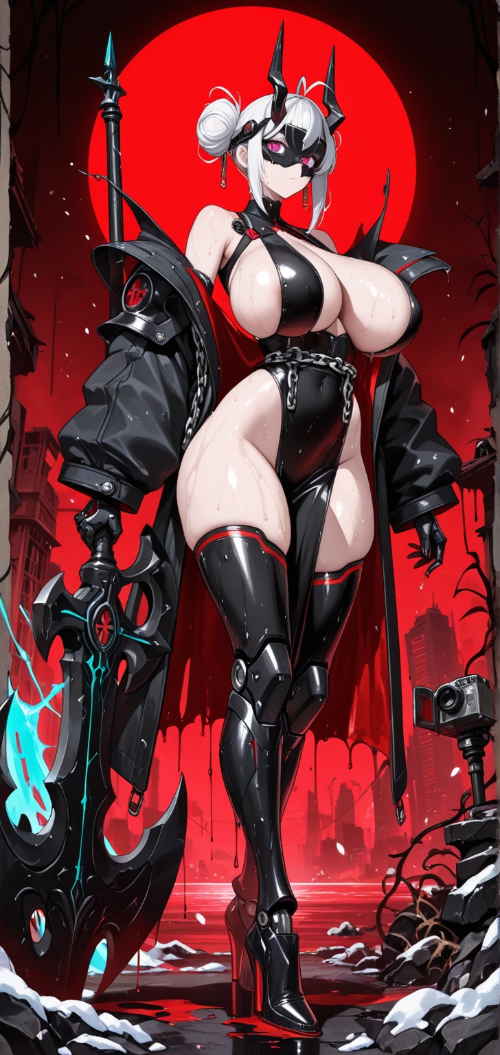 The beautiful mecha lady with (elegant style),  dressing in (red elegant colour) mecha jacket hody armor,  huge boobs on T...
