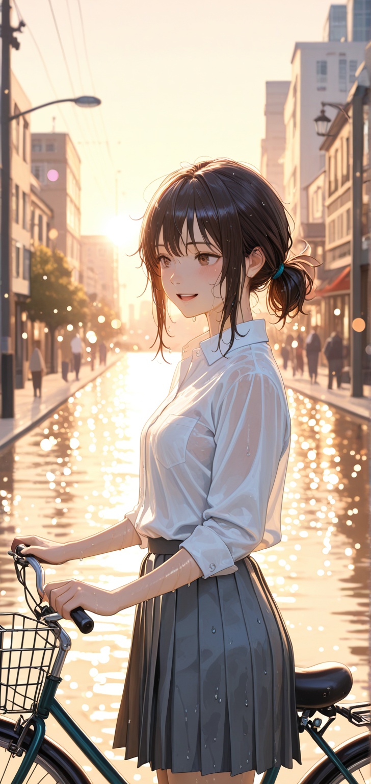 A cinematic photograph of a beautiful young Japanese girl riding a vintage bicycle on a wet city street during a sun showe...