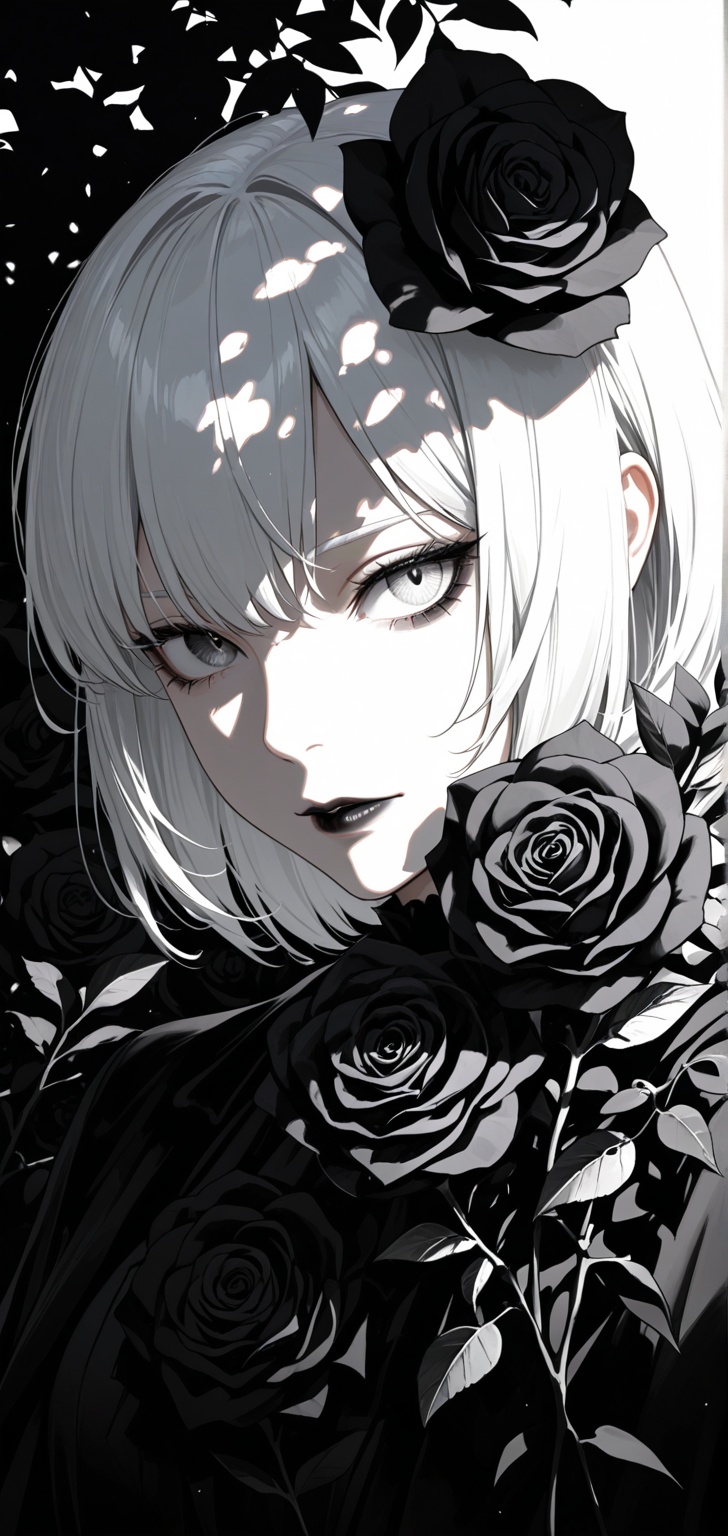 A white haired girl in midst of black roses,  chrome eyes,  dappled sunlight on Tensor.Art