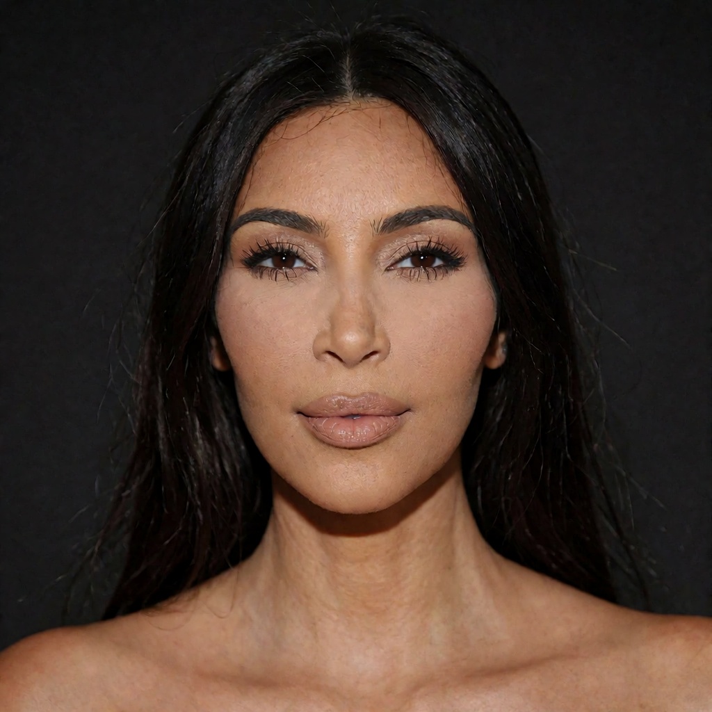 Minimal luxury beauty portrait,  strict symmetrical face-centred composition with dark hair merging visually into the surr...