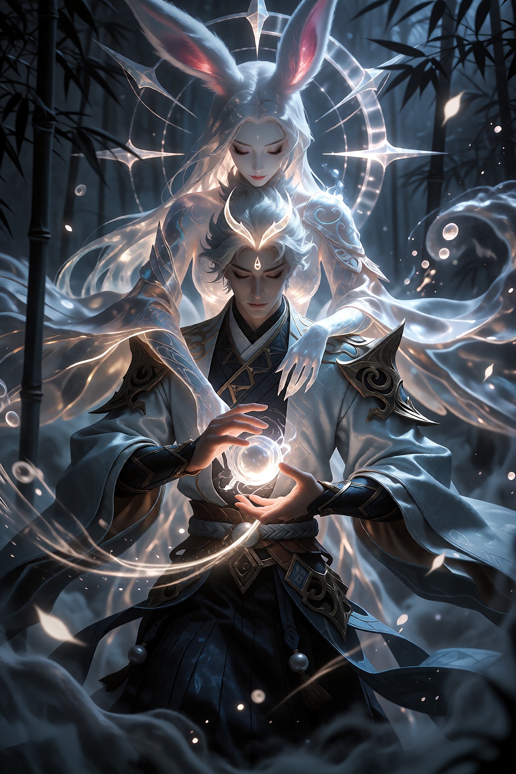 A detailed high fantasy wuxia illustration,  viewed from a straight-on full angle in ethereal,  glowing lighting with a co...