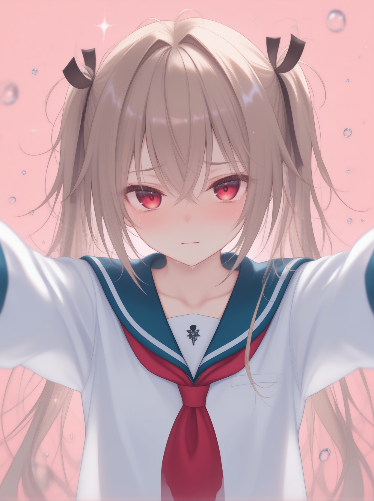 This image features a young anime-style girl with long,  light brown hair styled in twin tails,  each adorned with a dark...