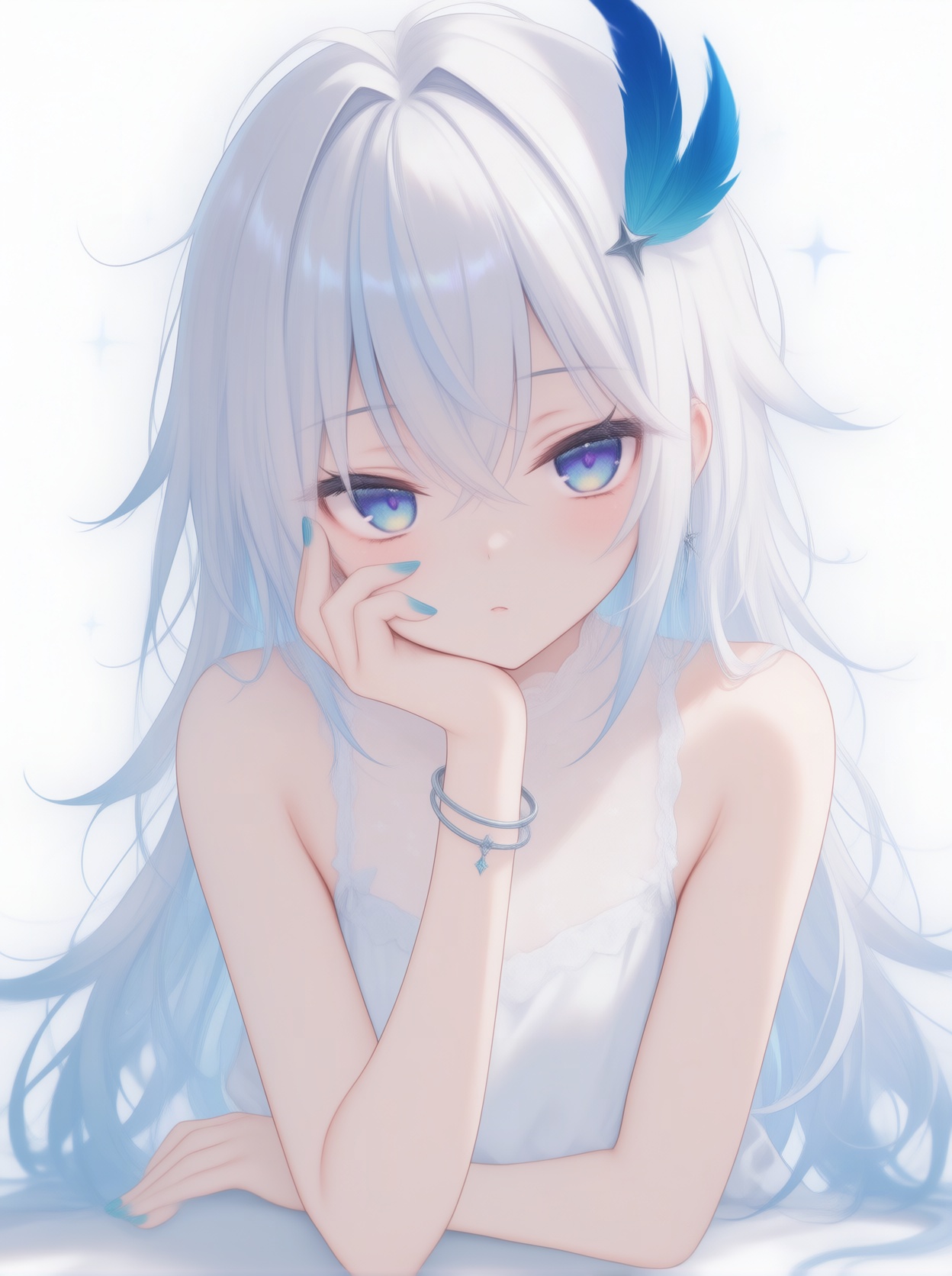 A serene anime-style portrait features a young woman with voluminous,  flowing silver-white hair accented by a single vibr...