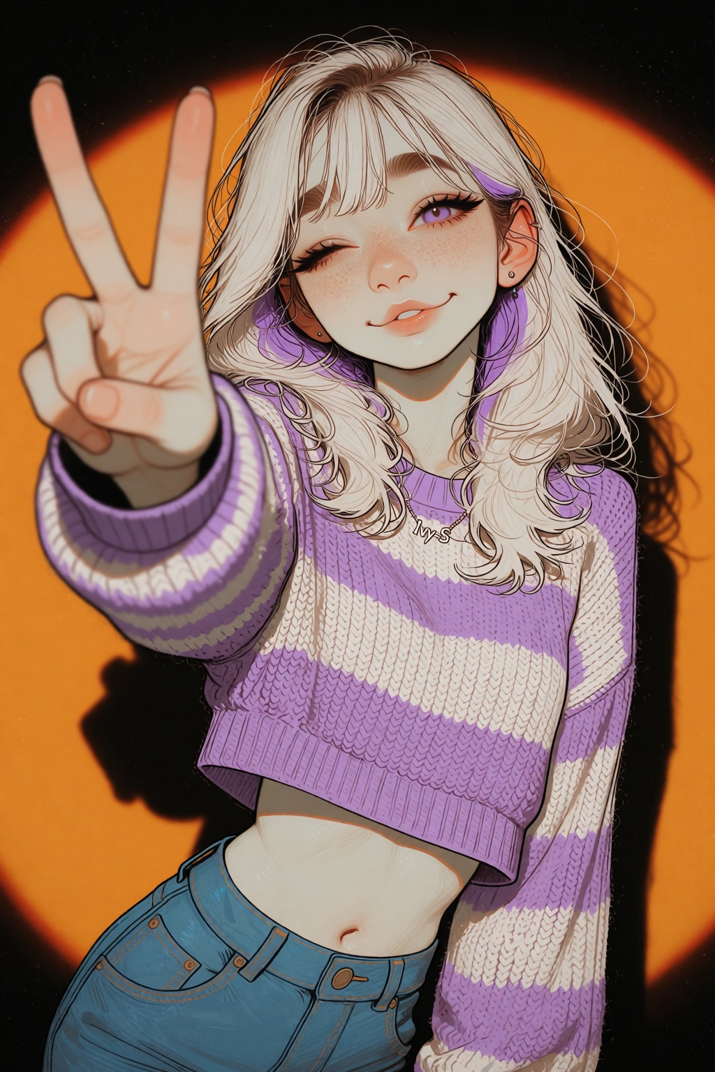 A clean Ivystyle digital illustration of a young woman with platinum blonde hair,  visible natural dark roots,  soft purpl...