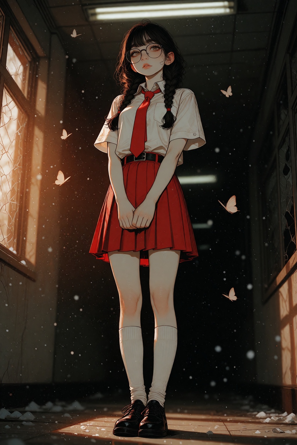 A clean Ivystyle digital illustration of a young woman stands motionless in the center of a dimly lit corridor,  viewed fr...