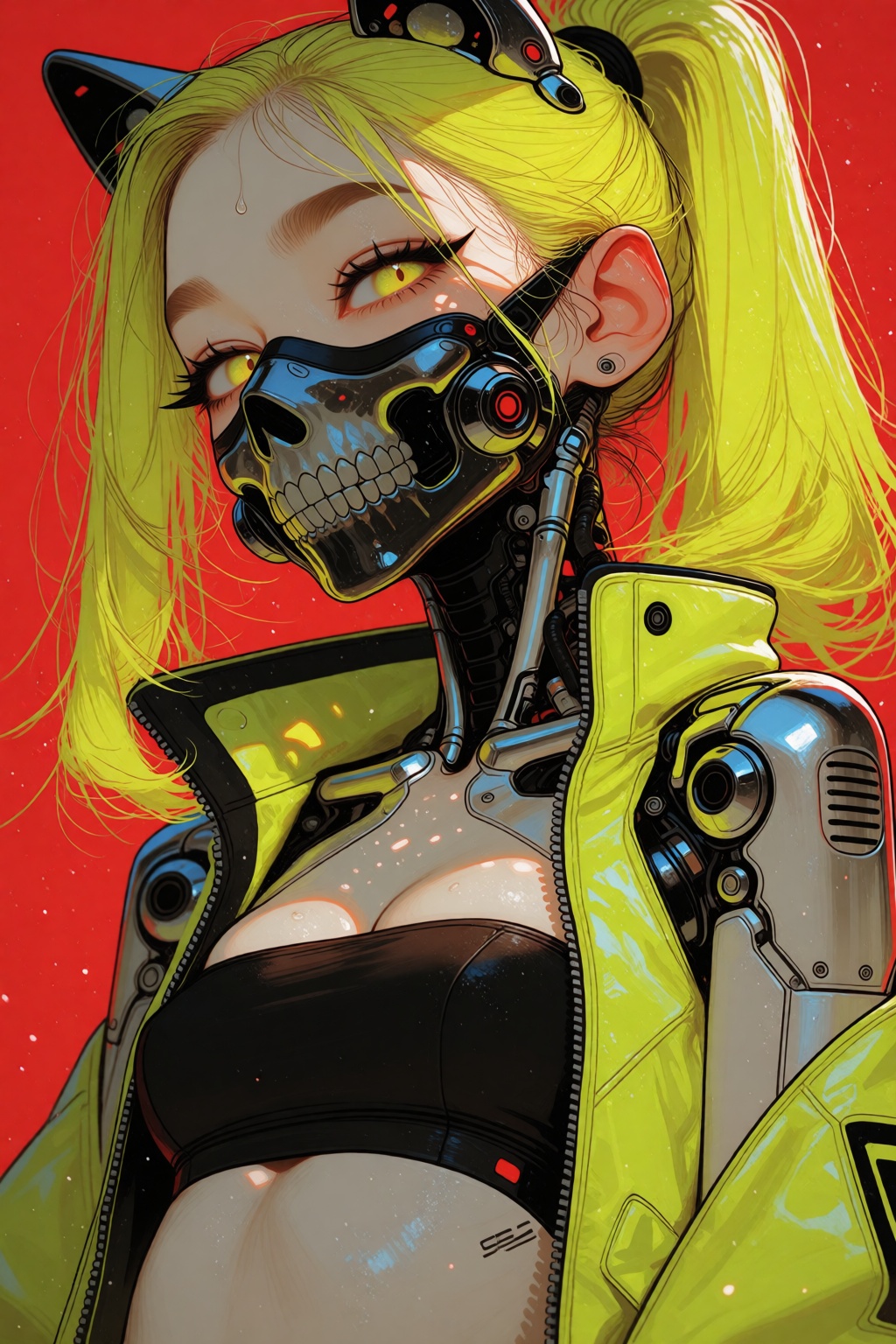 A striking close-up portrait of a futuristic cyberpunk girl with long neon yellow hair tied in a high ponytail,  her damp...