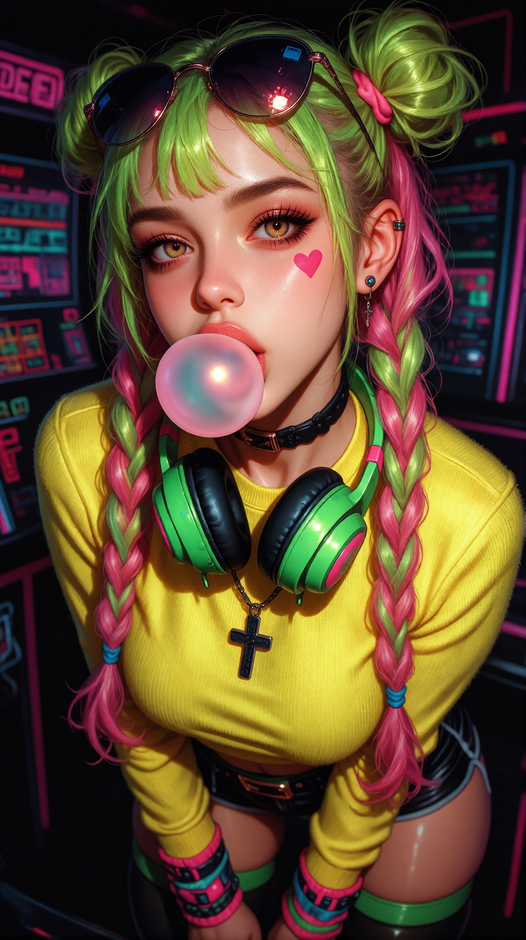 This is an niji-anime-style image,  This image features a young woman with a vibrant,  neon aesthetic. She has bright gree...