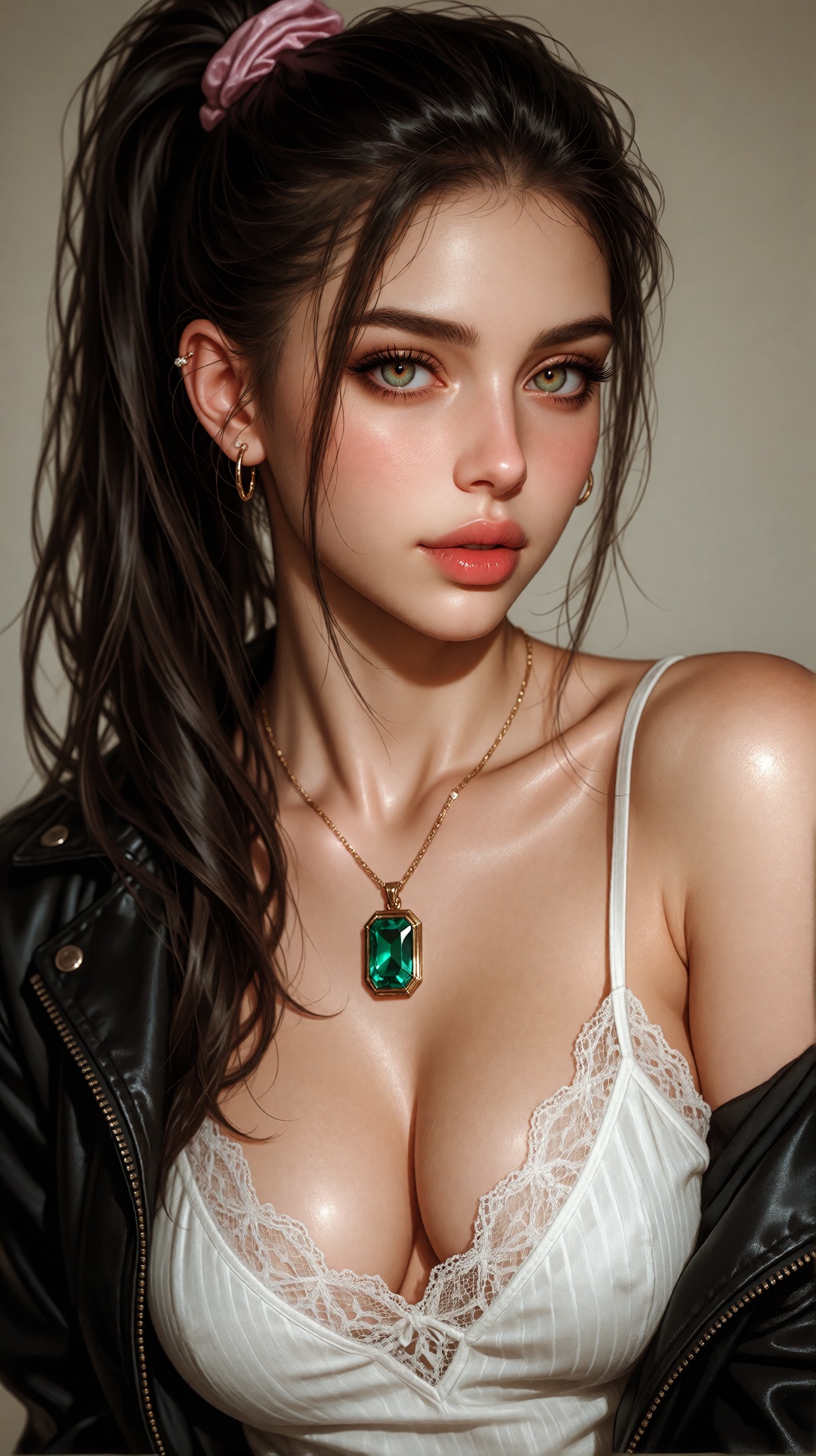 This is an niji-anime-style image,  The image features a close-up portrait of a woman with long straight dark brown hair t...