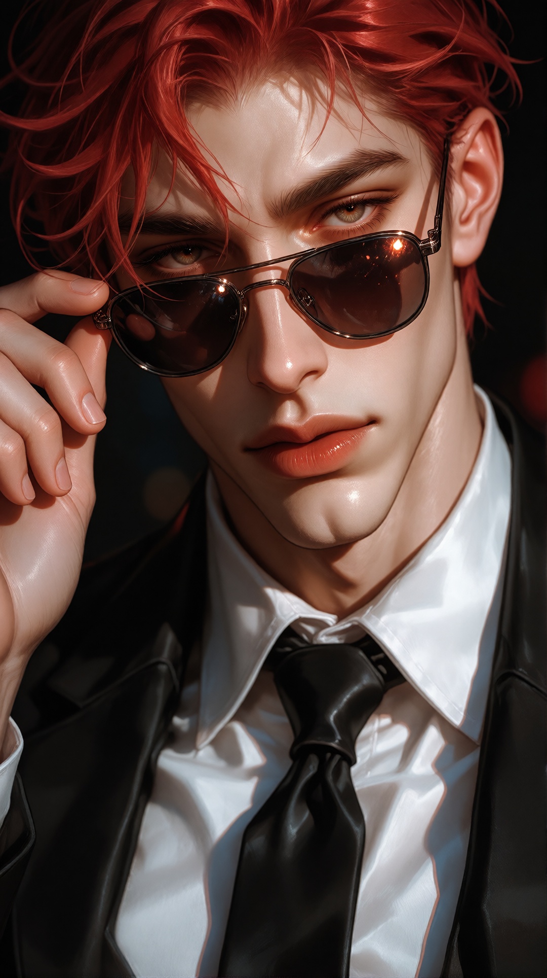 This is an niji-anime-style image,  This image features a person with vibrant red hair,  styled in a slightly messy manner...