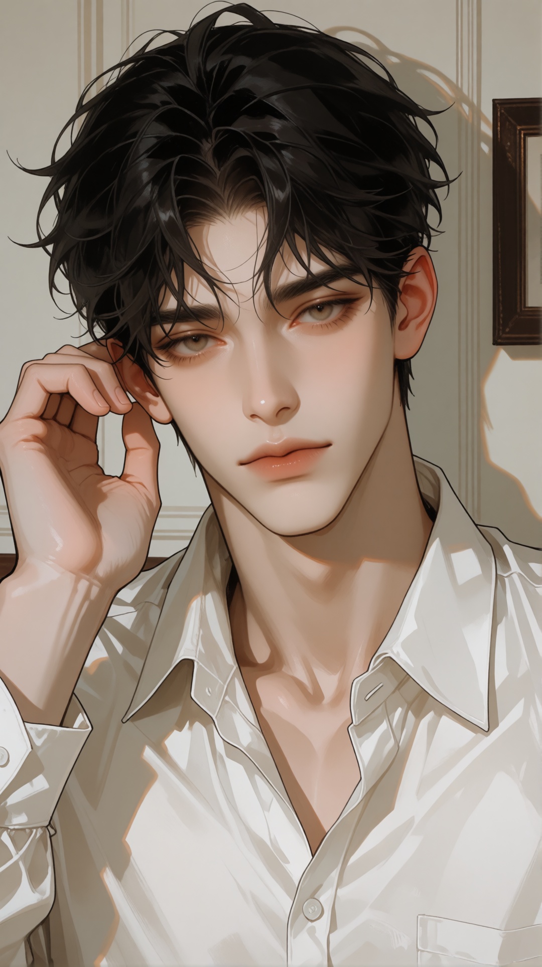 This is an niji-anime-style image,  The image depicts a digital illustration of a person with dark,  slightly messy hair ....